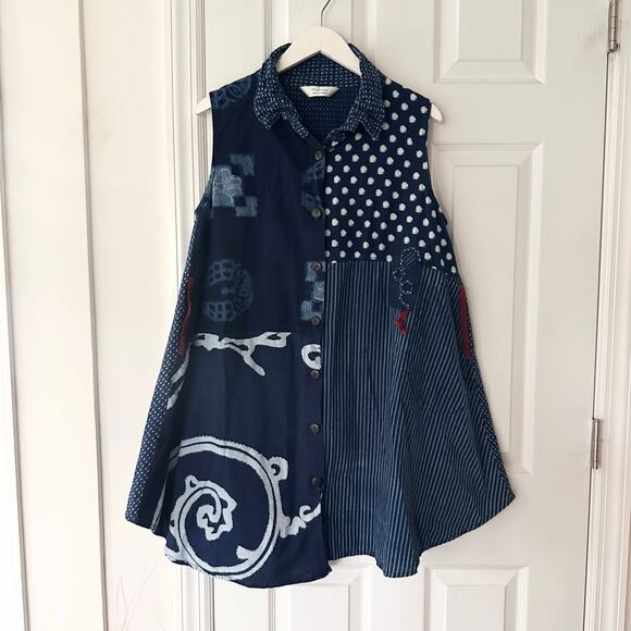 Mao Mam Tops - Mao Mom Thailand Artsy Abstract Lagenlook Blue Button Down Collared Swing Top OS